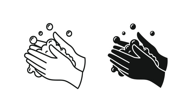 Black and white illustration of hands washing with soap bubbles