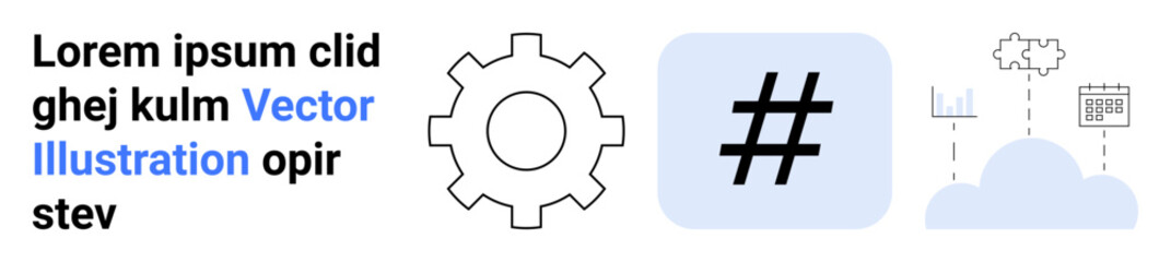 Fototapeta premium Gear for settings, metadata tag and cloud for technology, charts, and calendar. Ideal for innovation, strategy, social media, data, productivity tech solutions simple landing page