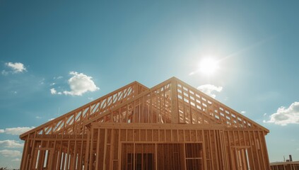 Framing of a new house under a blue sky