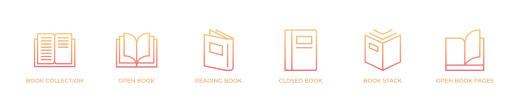 Book reading banner design with clean line icons featuring book collection, open book, reading book, closed book, book stack, and open book pages. Minimal black and white style suitable for website he