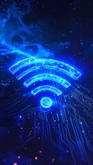 A blue glowing Wi-Fi symbol on a circuit board background