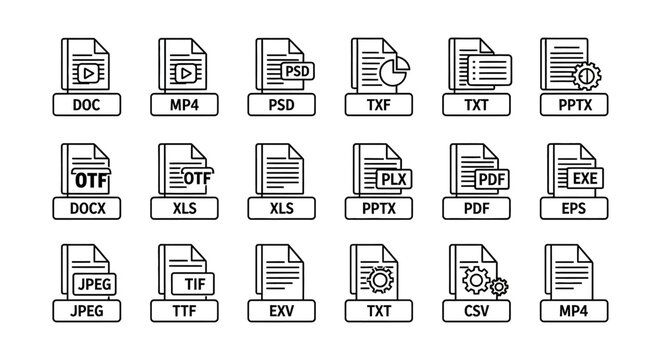 file format icons illustrating diverse digital document types and data extensions for uiux design and web.