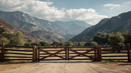 Fototapeta premium A gate is open in front of a mountain