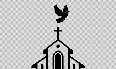 Fototapeta premium A black silhouette of a dove flying over a church with a cross