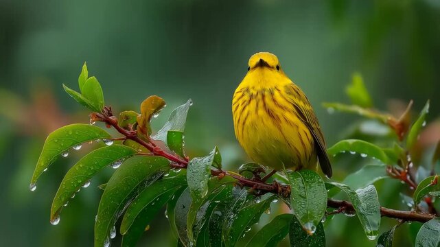 Yellow bird perched on a green branch during a gentle spring shower, fresh raindrops glistening on feathers in a serene, vibrant natural scene.