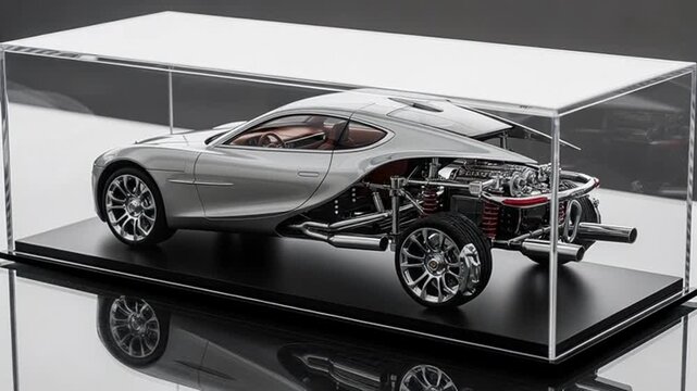 Luxury car model exposed chassis, detailed interior, sleek silver exterior, display case