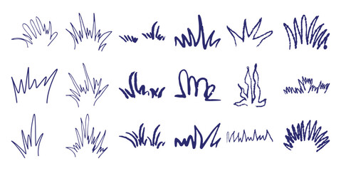 Collection of hand drawn abstract blue grass tufts white nature plant © Monoyar