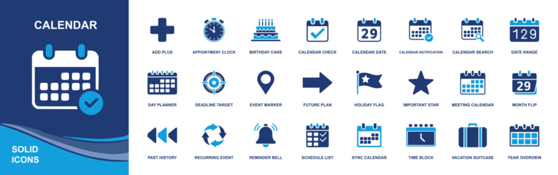 Calendar icon set. Containing date, event, reminder, appointment, birthday, schedule, anniversary, holiday, flag, star, location, alert, priority, and more. Solid vector icons collection for calendar 