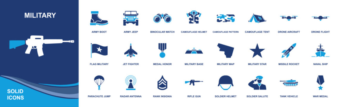 Military icon set. Containing army boot, jeep, helicopter, tank, plane, star, soldier, weapon, ship, helmet, military base, and more. Solid vector icons collection for military, defense, and combat de