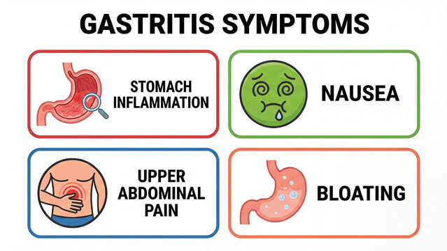 Gastritis symptom diagram showing stomach inflammation nausea upper abdominal pain and bloating for digestive disorder education, gastrointestinal health awareness, and patient counseling materials