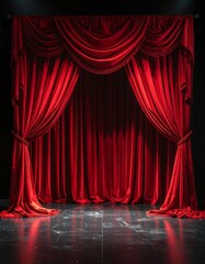 A dimly lit stage with rich red curtains