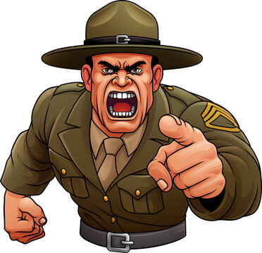 An angry drill instructor or sergeant bootcamp army soldier cartoon character