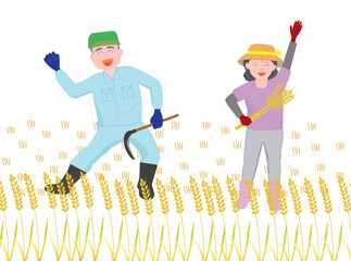 手作業で麦刈りをしている夫婦。