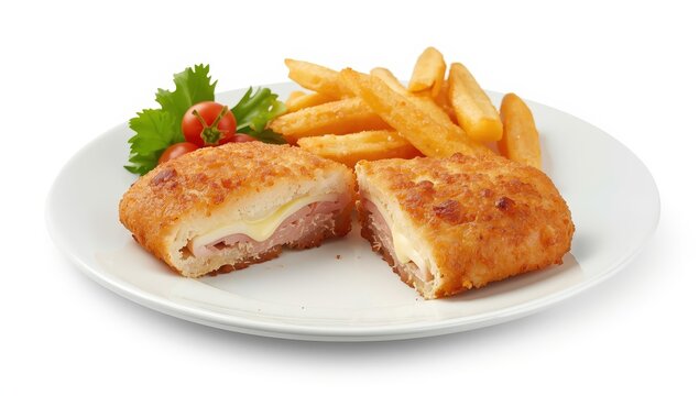 Ham and cheese-stuffed schnitzel cutlet on white background