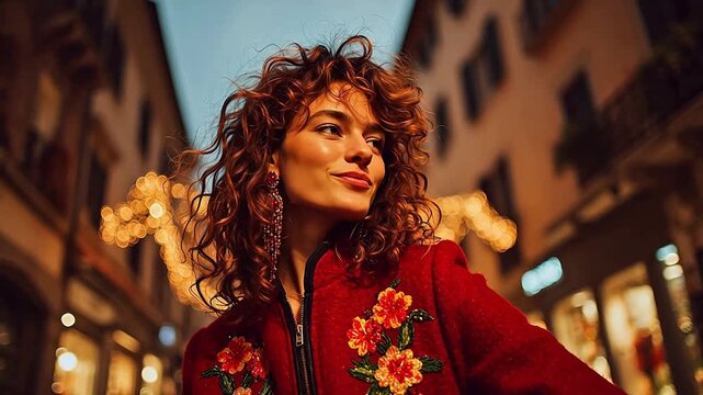 Woman in red coat posing on city street