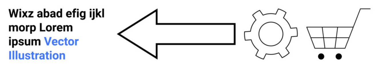 Left-pointing arrow, gear, and shopping cart with text suggest directional navigation, system settings, and e-commerce. Ideal for workflow, shopping, navigation, e-commerce settings simplicity © robu_s