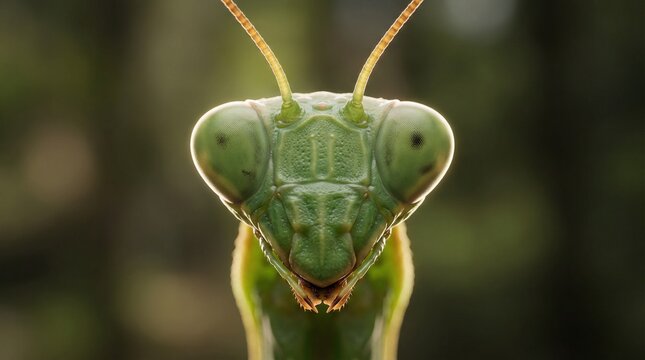 Close-up of a green praying mantis face with long antennae