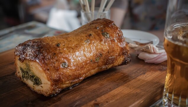 Herb-stuffed roasted pork belly. Classic Filipino dish. Close-up