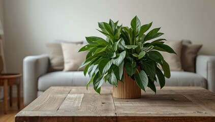 Fototapeta premium Houseplant on wooden table in lounge