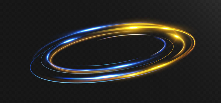 Glowing blue and gold neon light ring isolated on transparent background, futuristic energy swirl effect with dynamic motion trails.
