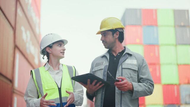 Professional male and female logistics team walking and discussing operations while using a digital tablet at a container port.