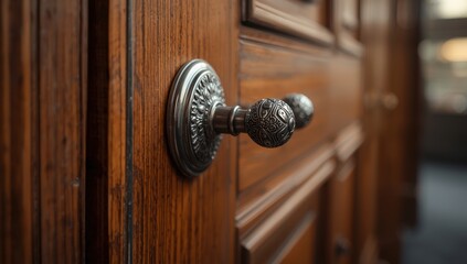 Obraz premium Interior wooden door featuring a prominent metal handle. Close-up of the handle