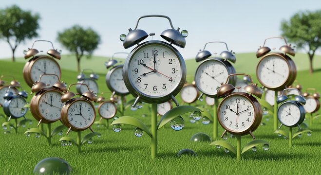 A surreal field of alarm clocks growing like flowers on green stems amidst dew-covered grass under a bright sky.