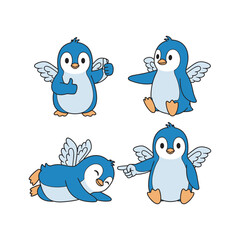Obraz premium Cartoon penguins flying in different poses with white wings