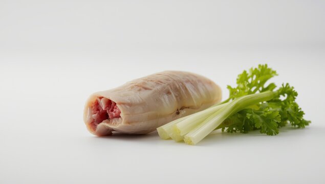 Isolated uncooked white oxtail with celery
