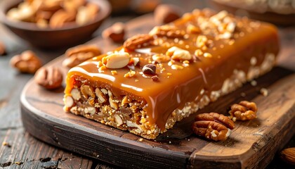 A dessert with caramel and nuts on a wooden board