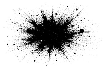 Abstract black ink splash on white background with dynamic spatter patterns.