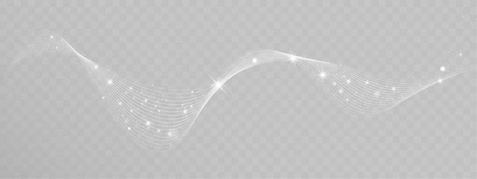 Abstract white glowing wave lines with sparkling particles isolated on transparent background, elegant light curve flow with shimmer effect.
