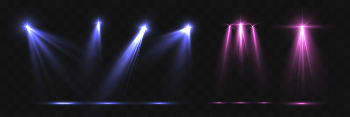 Glowing blue and pink stage spotlights isolated on transparent background, realistic light beams with smoke rays and flare effects.  © NAUM