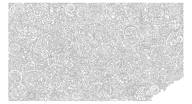 intricate spiritual pattern with interwoven christian and ancient symbols in decorative line art for cultural and historical use.