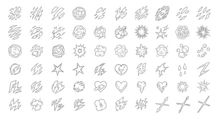 Naklejka premium hand-drawn comic book effects and cartoon elements collection showcasing explosions lightning stars bubbles hearts ideal for game and manga design.