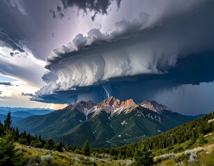 A dramatic mountain landscape with a massive storm cloud