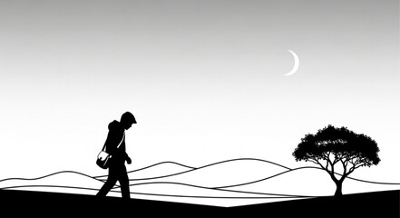 Silhouette of a lone traveler walking across a barren landscape.