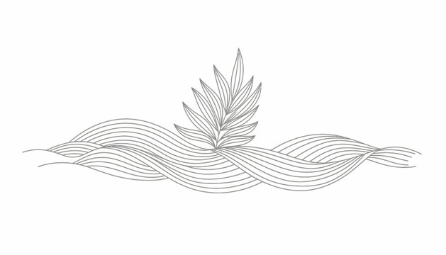 A minimalist line art illustration of a feather emerging from wavy lines, viewed from directly above, showcasing simple shapes and elegant design