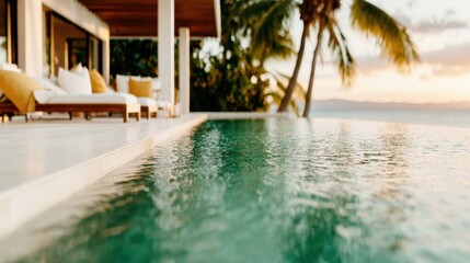 An inviting poolside scene featuring serene waters with tropical palm trees, creating a relaxing atmosphere at sunset, perfect for unwinding and enjoying nature's beauty.