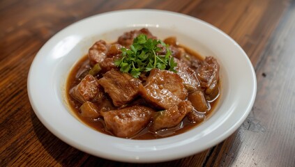 Fototapeta premium Luxurious pork adobo meal in Dubai, UAE, captured December 22, 2024