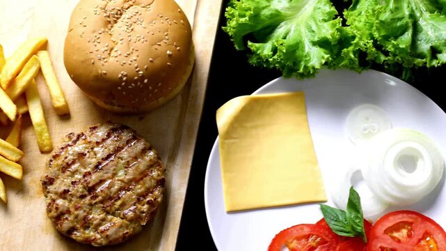 Overhead view of fresh burger ingredients with grilled patty, sesame bun, french fries, and salad.