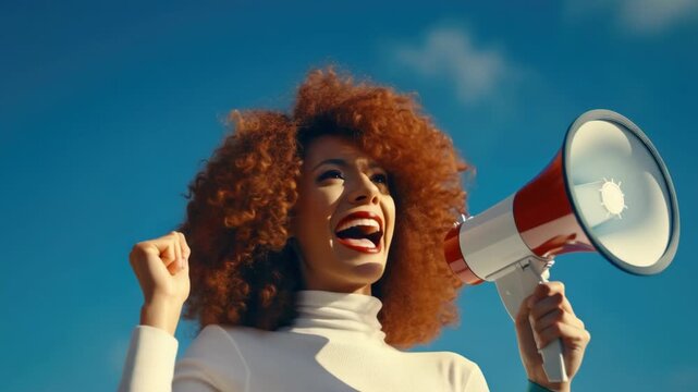 A cheerful individual at a podium holding a microphone, exuding enthusiasm and energy. They are wearing a white top and have vibrant red hair styled in an afro.