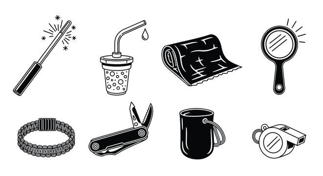 Camping Accessories and Outdoor Essentials Icons Vector
