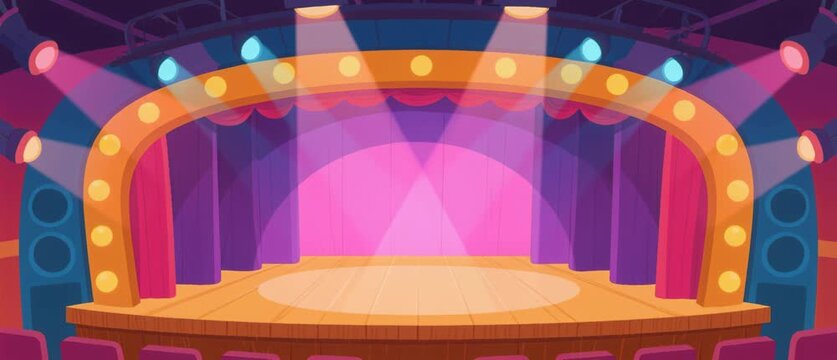 A bright stage with spotlights features a glowing purple and blue vector design, creating a vibrant motion pattern backdrop for a night concert illustration