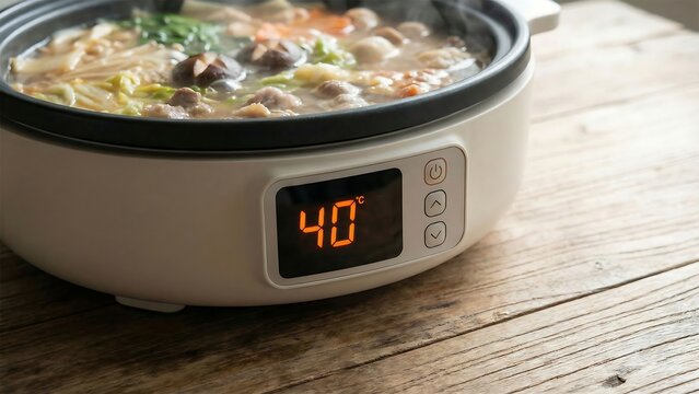 Close-up of a hot pot with steaming food and digital display showing 40 degrees Celsius on a wooden table.
