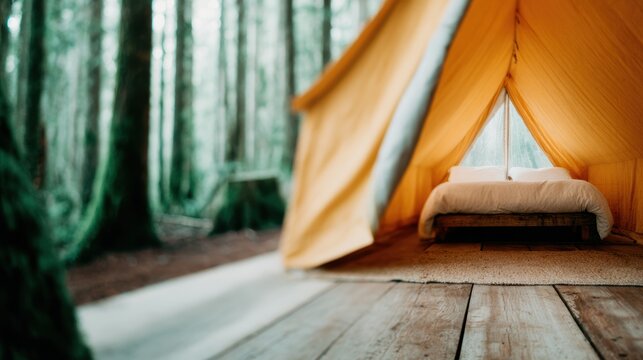 A cozy camping tent adorned with soft bedding sits peacefully amid tall trees in a lush green forest, inviting a tranquil escape into nature's embrace and adventure.