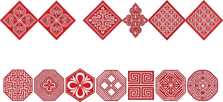 Set of red Asian ornamental geometric patterns vector decorative traditional symbols collection isolated line art