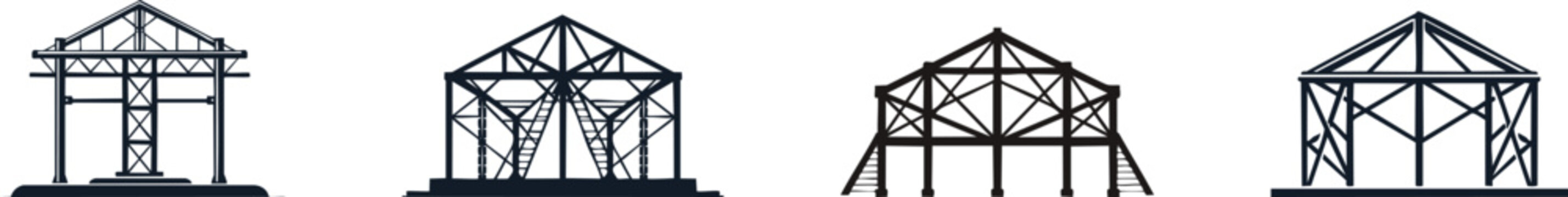 Four black and white technical drawings of different roof truss designs, showcasing structural frameworks for buildings.