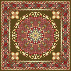 A rug for sitting, with a mandala pattern decorated with intricate flowers.