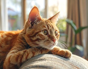 A ginger cat with distinctive markings rests on a fabric surface